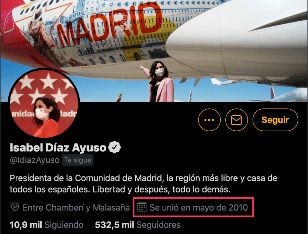 Perfil de Isabel Díaz Ayuso en Twitter